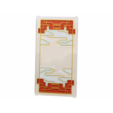 satin trans-clear glass for window 1 x 4 x 6 with gold outlines white and light aqua clouds and red lattice on dark red background pattern