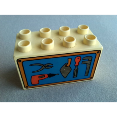light yellow duplo brick 2 x 4 x 2 with tools on blue background pattern