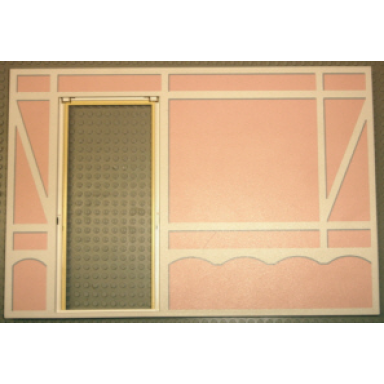 light yellow scala wall vertical grooved 40 x 2 x 22 2 3 with door with white tudor frame on light salmon background pattern