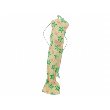 light yellow scala clothes female dress with medium green neck ribbon and stars salmon spirals and dots pattern