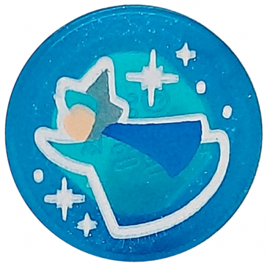 satin trans-dark blue tile round 1 x 1 with fairy godmother merryweather light nougat face blue cloak white dots and sparkles pattern