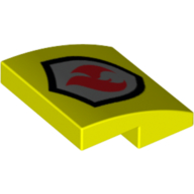 neon yellow slope curved 2 x 2 x 2 3 with red and silver fire logo pattern