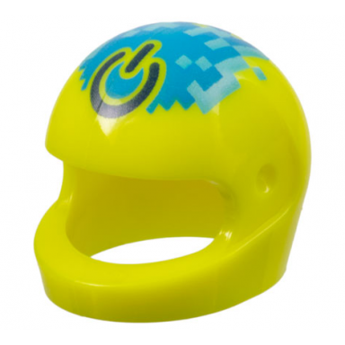 neon yellow minifigure headgear helmet motorcycle standard with dark blue power symbol on pixelated medium azure and dark azure flame pattern