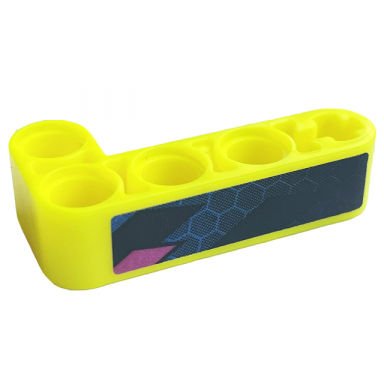 neon yellow technic liftarm modified bent thick l-shape 2 x 4 with partial black and dark pink chevrons and blue honeycomb pattern sticker - set 42164