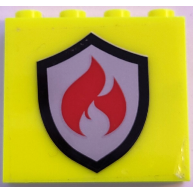 neon yellow brick 1 x 4 x 3 with black and silver fire logo badge with red flames pattern sticker - sets 60320 60321
