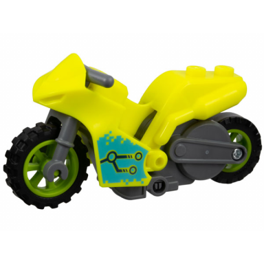neon yellow stuntz flywheel motorcycle sport bike tapered front with dark bluish gray frame lime wheels and dark bluish gray handlebars with black circuitry on medium azure background pattern