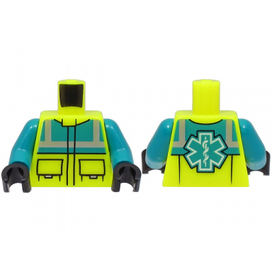 neon yellow torso dark turquoise safety vest with silver reflective stripes black pockets emt star of life on back pattern dark turquoise arms black hands