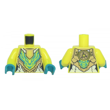 neon yellow torso female armor with white gold and dark turquoise geometric pattern neon yellow arms dark turquoise hands