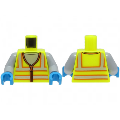 neon yellow torso safety vest with zipper and silver and orange reflective stripes over light bluish gray shirt pattern light bluish gray arms dark azure hands