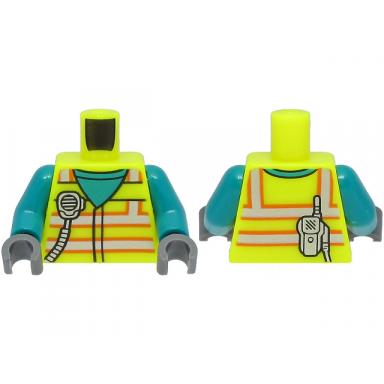 neon yellow torso safety vest with silver and orange reflective stripes over dark turquoise shirt radio pattern dark turquoise arms dark bluish gray hands