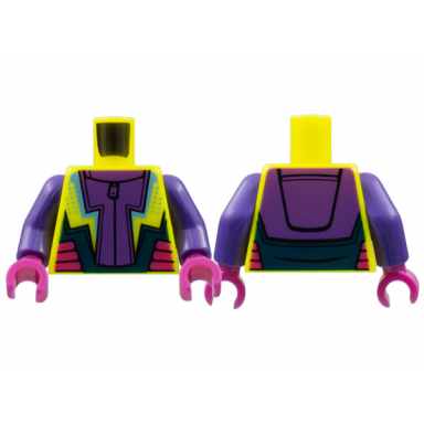 neon yellow torso jumpsuit dark purple center panel bright light blue lightning magenta side panels pattern dark purple arms magenta hands