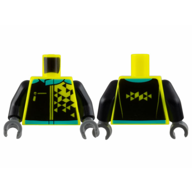 neon yellow torso jacket medium azure collar and hem black panels geometric triangle pattern black arms dark bluish gray hands