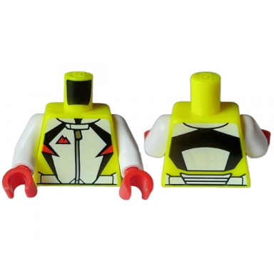 neon yellow torso jacket with black and white panels and belt silver zipper and red mountains pattern white arms red hands