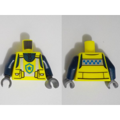 neon yellow torso police safety vest with pouches silver reflective stripes and blue star badge logo over dark blue jacket with zipper pattern dark blue arms dark bluish gray hands
