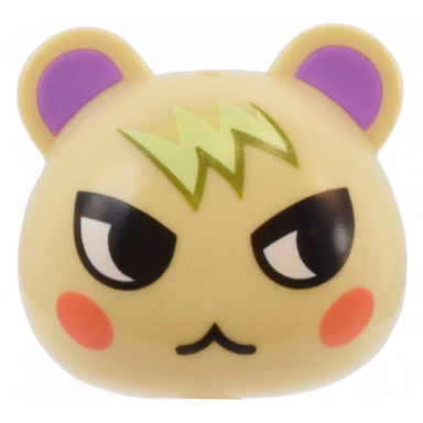 minifigure head modified squirrel cub with ears with molded medium lavender auricles and printed black eyes coral cheeks and yellowish green and olive green fur pattern