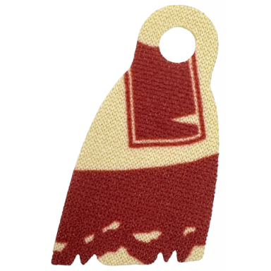 tan minifigure cape cloth narrow with single top hole and tattered edge with dark red shapes pattern