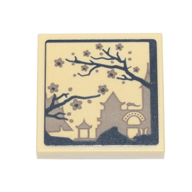 tan tile modified 2 x 2 inverted with ink wash painting of temple and cherry blossom trees pattern sticker - set 71741