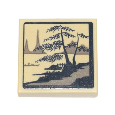 tan tile modified 2 x 2 inverted with ink wash painting of trees bridge and boat pattern sticker - set 71741
