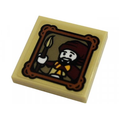 tan tile modified 2 x 2 inverted with minifigure with paint brush in picture frame pattern sticker - set 76382