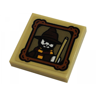 tan tile modified 2 x 2 inverted with minifigure with wizards hat and magic wand in picture frame pattern sticker - set 76382
