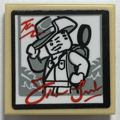 tan tile modified 2 x 2 inverted with autographed picture of adventurer minifigure johnny thunder pattern sticker - set 70657