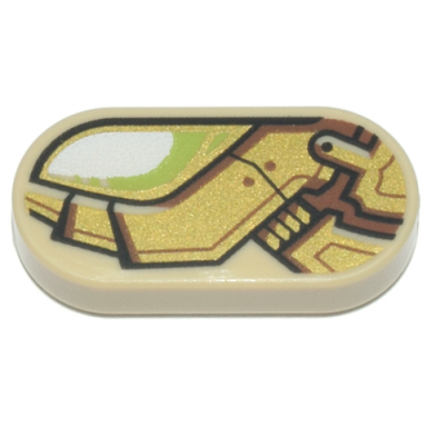 tan tile round 1 x 2 oval with white and lime eye gold and reddish brown mechanical armor plates pattern model left side