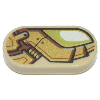 tan tile round 1 x 2 oval with white and lime eye gold and reddish brown mechanical armor plates pattern model right side