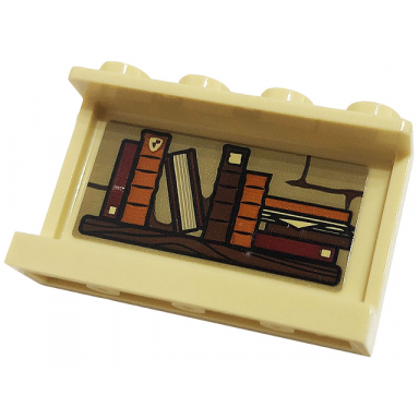 tan panel 1 x 4 x 2 with side supports - hollow studs with wooden shelf with 9 dark orange dark red and reddish brown books pattern on inside sticker - set 76382