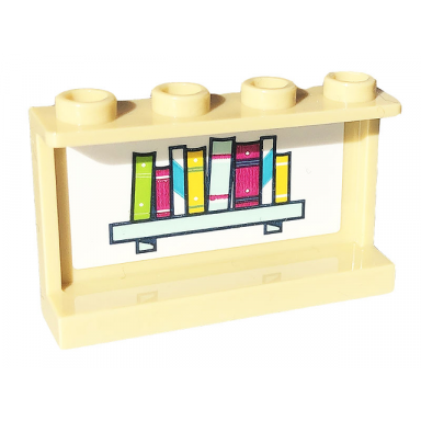 tan panel 1 x 4 x 2 with side supports - hollow studs with books on light aqua shelf on white background pattern on inside sticker - set 41703