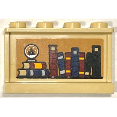 tan panel 1 x 4 x 2 with side supports - hollow studs with books and snow globe on medium nougat background pattern sticker - set 76399
