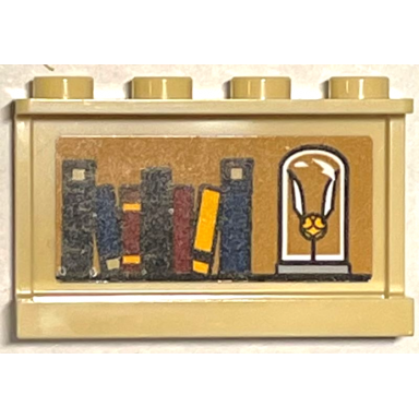 tan panel 1 x 4 x 2 with side supports - hollow studs with books and golden snitch in glass container on medium nougat background pattern sticker - set 76399