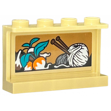tan panel 1 x 4 x 2 with side supports - hollow studs with light bluish gray and white yarn reddish brown knitting needles and orange root vegetables with dark turquoise leaves pattern sticker - set 76428
