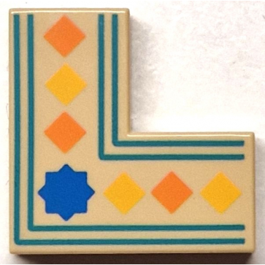 tan tile 2 x 2 corner with orange and yellow squares blue star dark turquoise border lines pattern