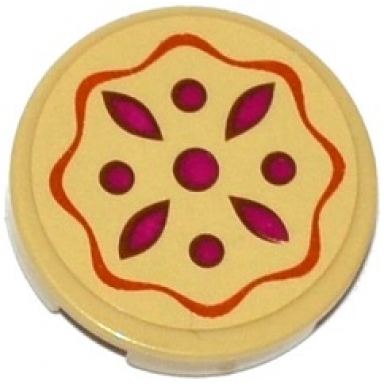 tan tile round 2 x 2 with bottom stud holder with fruit pie pattern sticker - set 41074