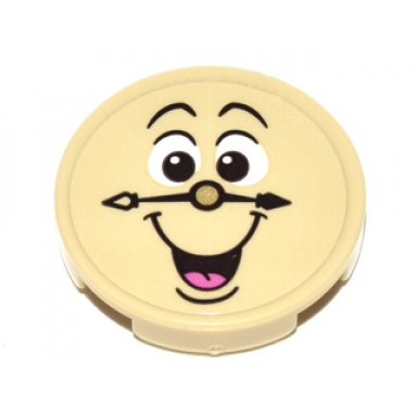 tan tile round 2 x 2 with bottom stud holder with cogsworth clock face pattern sticker - set 41067