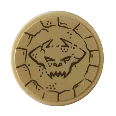 tan tile round 2 x 2 with bottom stud holder with demon head in carved stone pattern sticker - set 76056