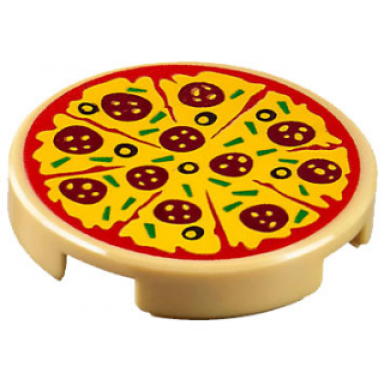 tan tile round 2 x 2 with bottom stud holder with sliced pizza with red tomato sauce yellow cheese dark red pepperoni black olives and green bell peppers pattern