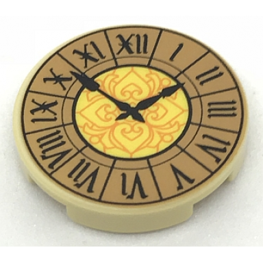 tan tile round 2 x 2 with bottom stud holder with clock with roman numerals ornate pattern