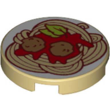 tan tile round 2 x 2 with bottom stud holder with spaghetti meatballs pattern