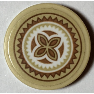 tan tile round 2 x 2 with bottom stud holder with medium nougat tan and white hawaiian tribal pattern sticker - set 41149