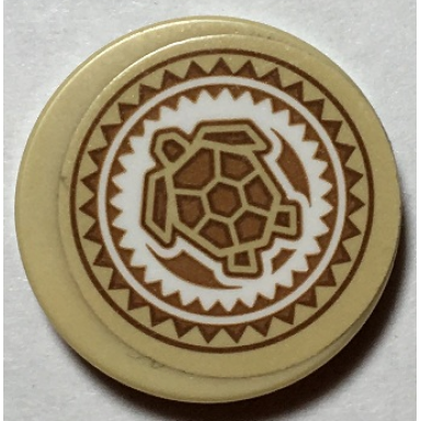 tan tile round 2 x 2 with bottom stud holder with medium nougat tan and white hawaiian sea turtle tribal pattern sticker - set 41149