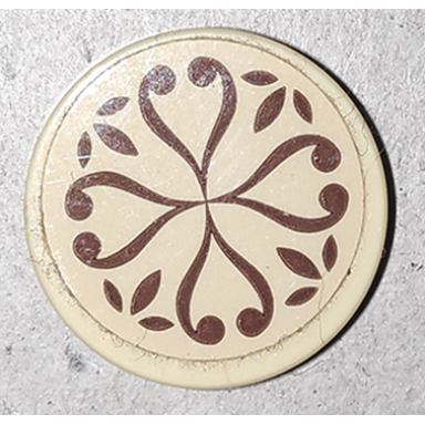 tan tile round 2 x 2 with bottom stud holder with reddish brown elves scrollwork on tan background pattern sticker - set 41173