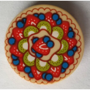tan tile round 2 x 2 with bottom stud holder with strawberry kiwi and blueberry fruit pie pavlova pattern bam
