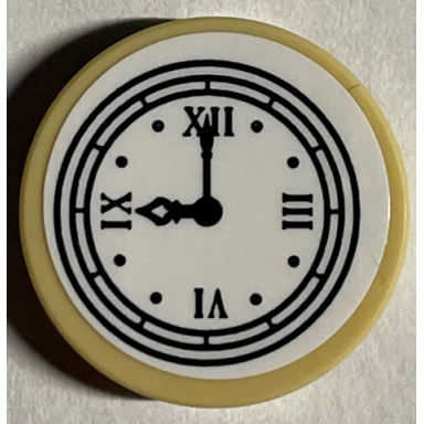 tan tile round 2 x 2 with bottom stud holder with clock face time 9:00 with black hands and roman numerals on white background pattern sticker - set 21330
