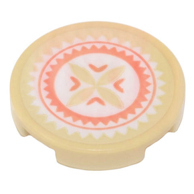 tan tile round 2 x 2 with bottom stud holder with drum skin with tan coral and white geometric flower pattern sticker - set 43205