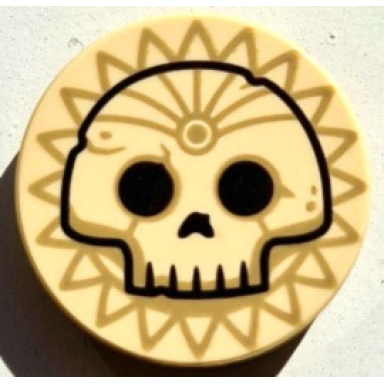 tan tile round 2 x 2 with bottom stud holder with black skull outline on dark tan sun pattern