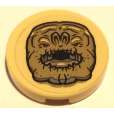 tan tile round 2 x 2 with bottom stud holder with dark tan rancor head pattern sticker - set 75326
