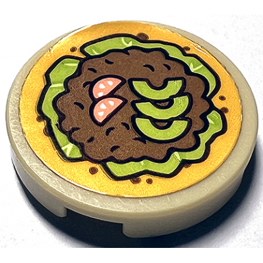 tan tile round 2 x 2 with bottom stud holder with taco with lettuce meat tomato and avocado slices pattern sticker - set 41747