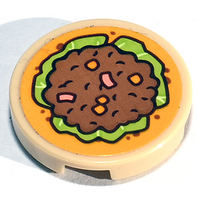 tan tile round 2 x 2 with bottom stud holder with taco with lettuce meat and vegetables pattern sticker - set 41747