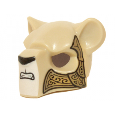 tan minifigure headgear mask feline with black nose bared teeth and ornate gold armor plates pattern